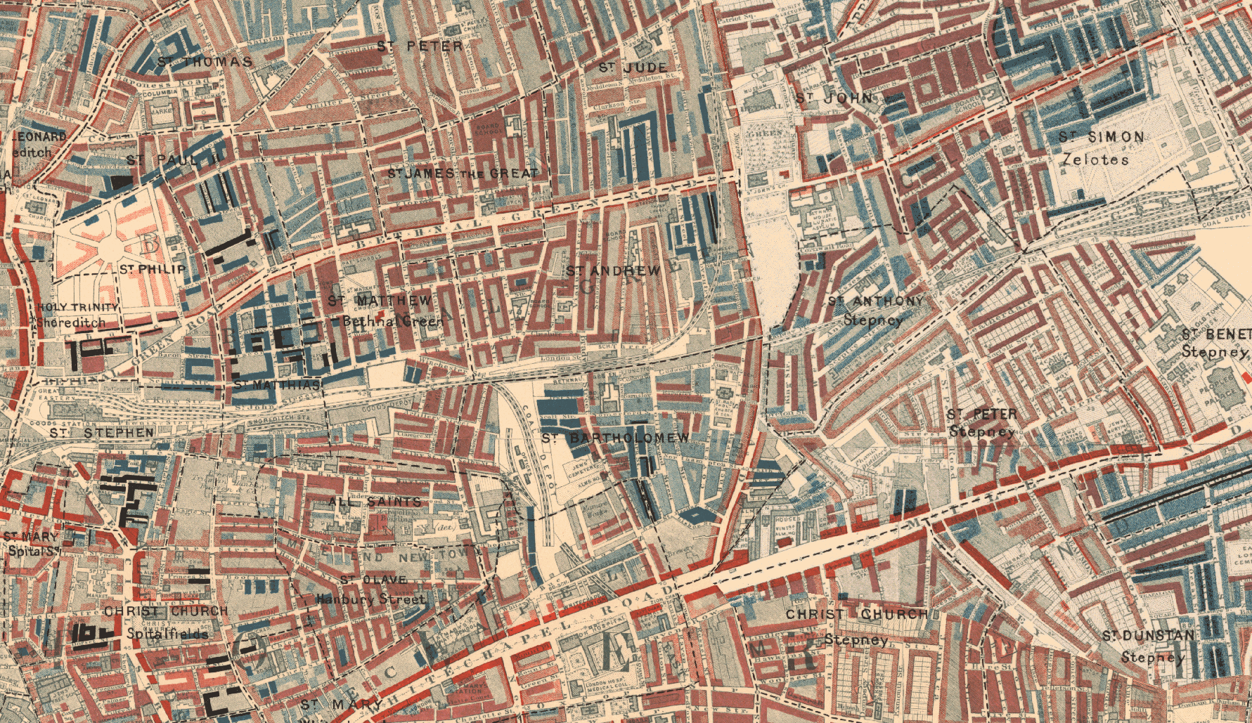 Charles Booth's 1888 Poverty Map of London (Black 'Lowest class. Vicious, semi-criminal.' Dark blue 'Very poor, casual. Chronic want.' Light blue 'Poor.'
