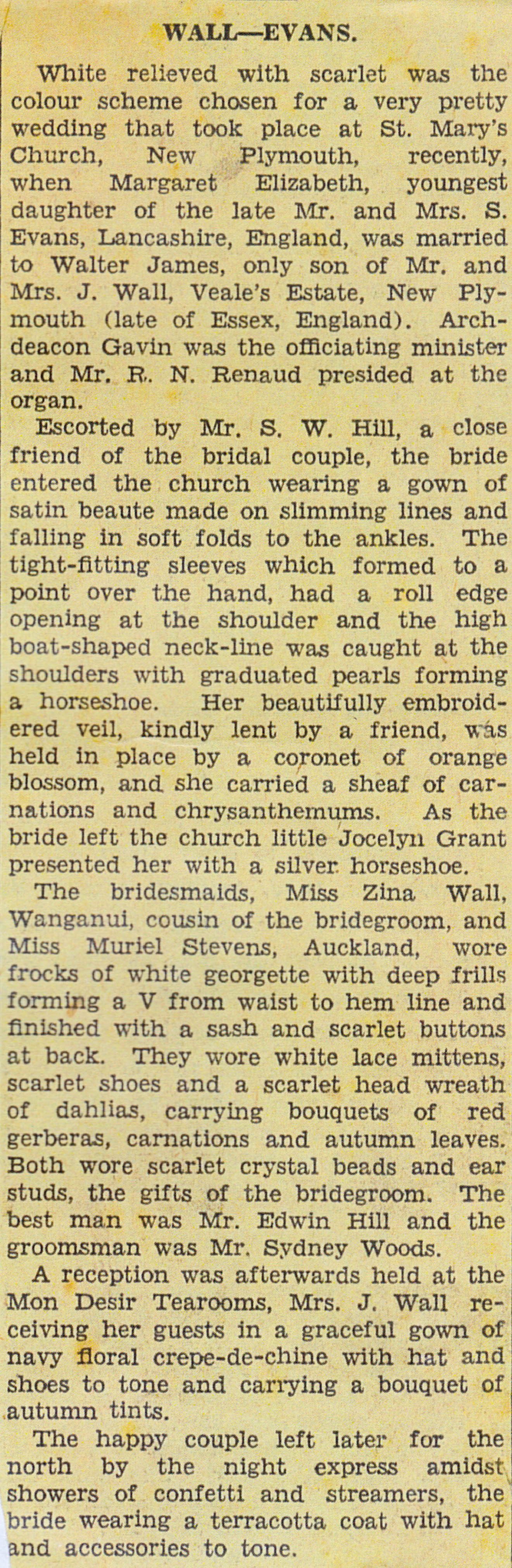Newpaper article for the wedding of Margaret and Walter, 1935