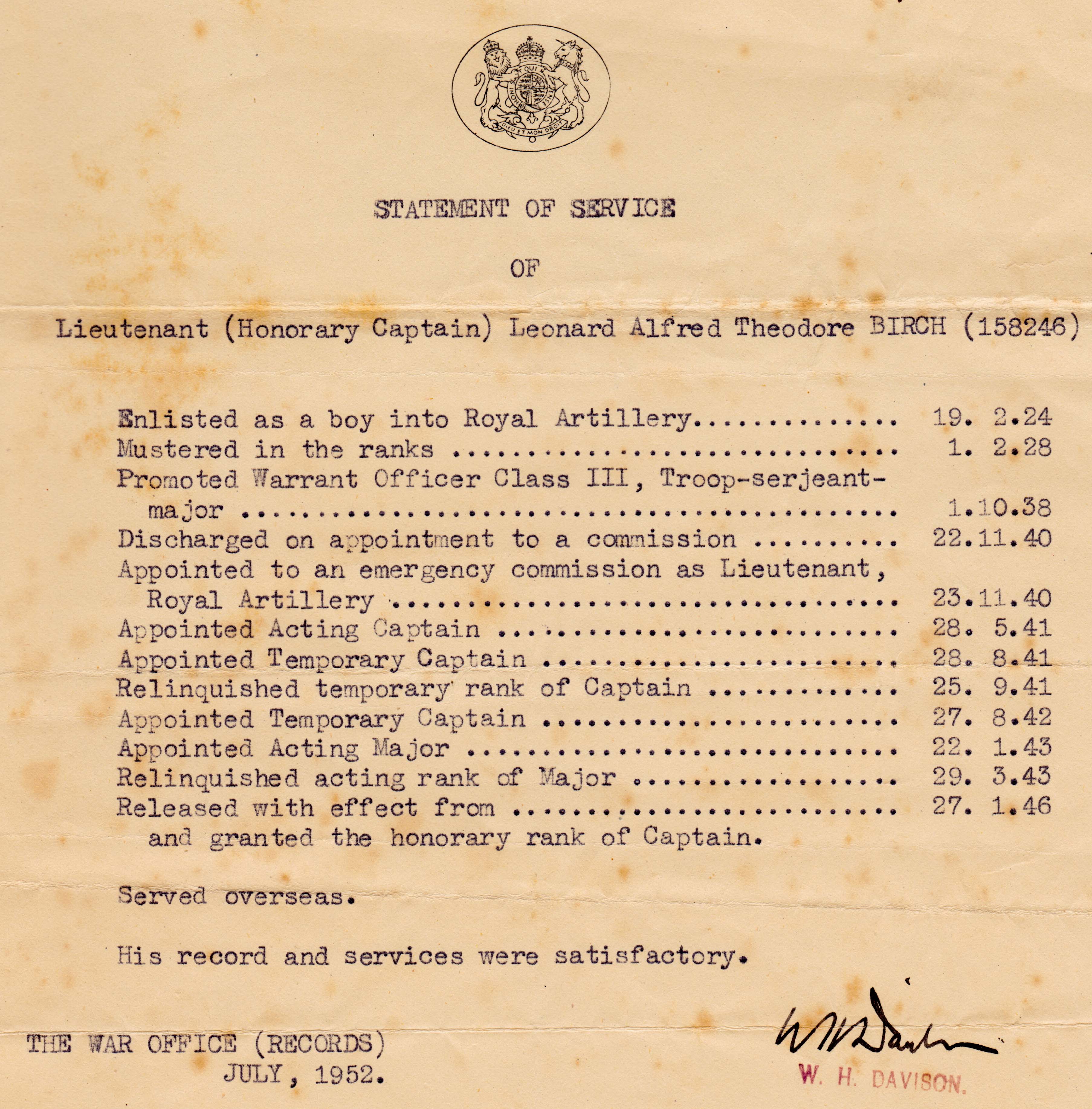 Len Birch military record, 1952