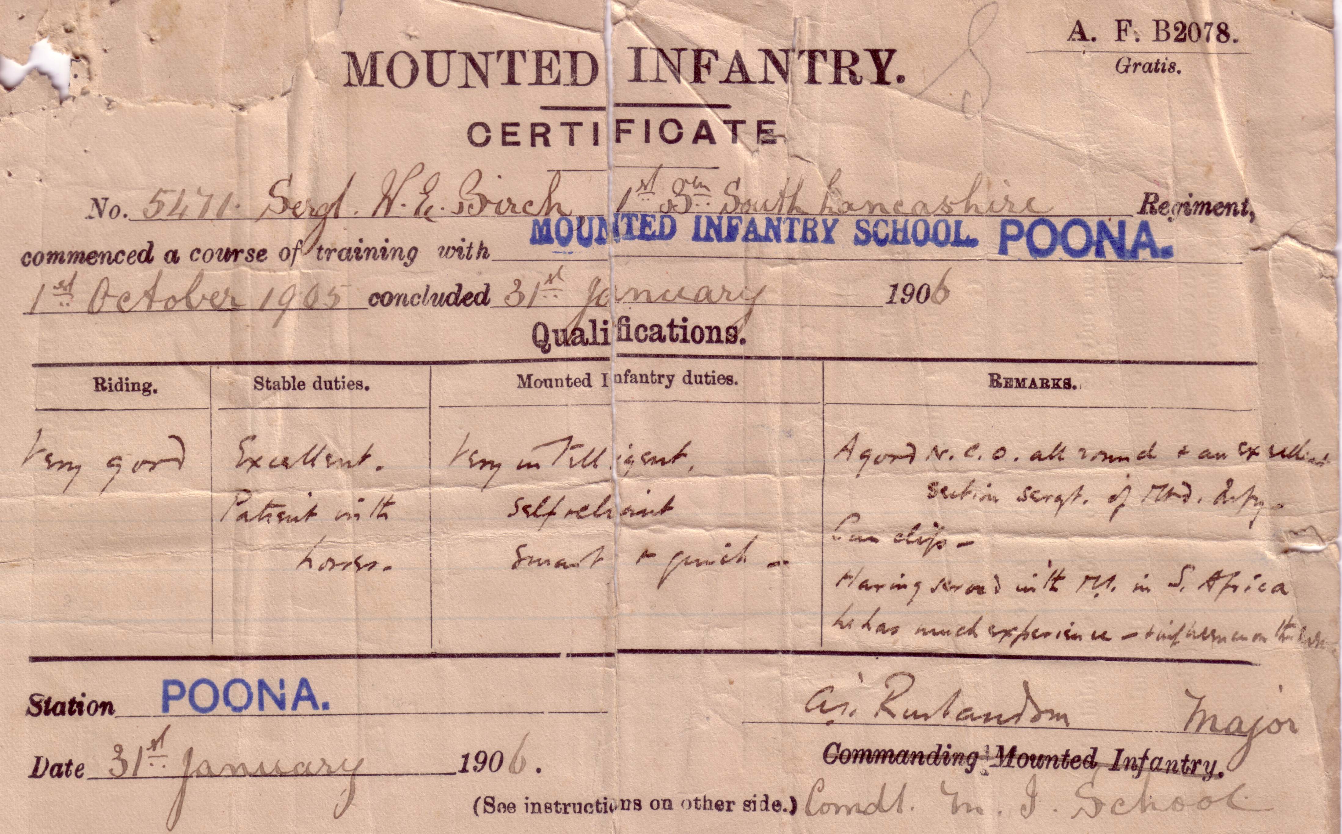 William Eli Birch training certificate from the Mounted Infantry School in Poona 1906 (Photo from the collection of William Birch)