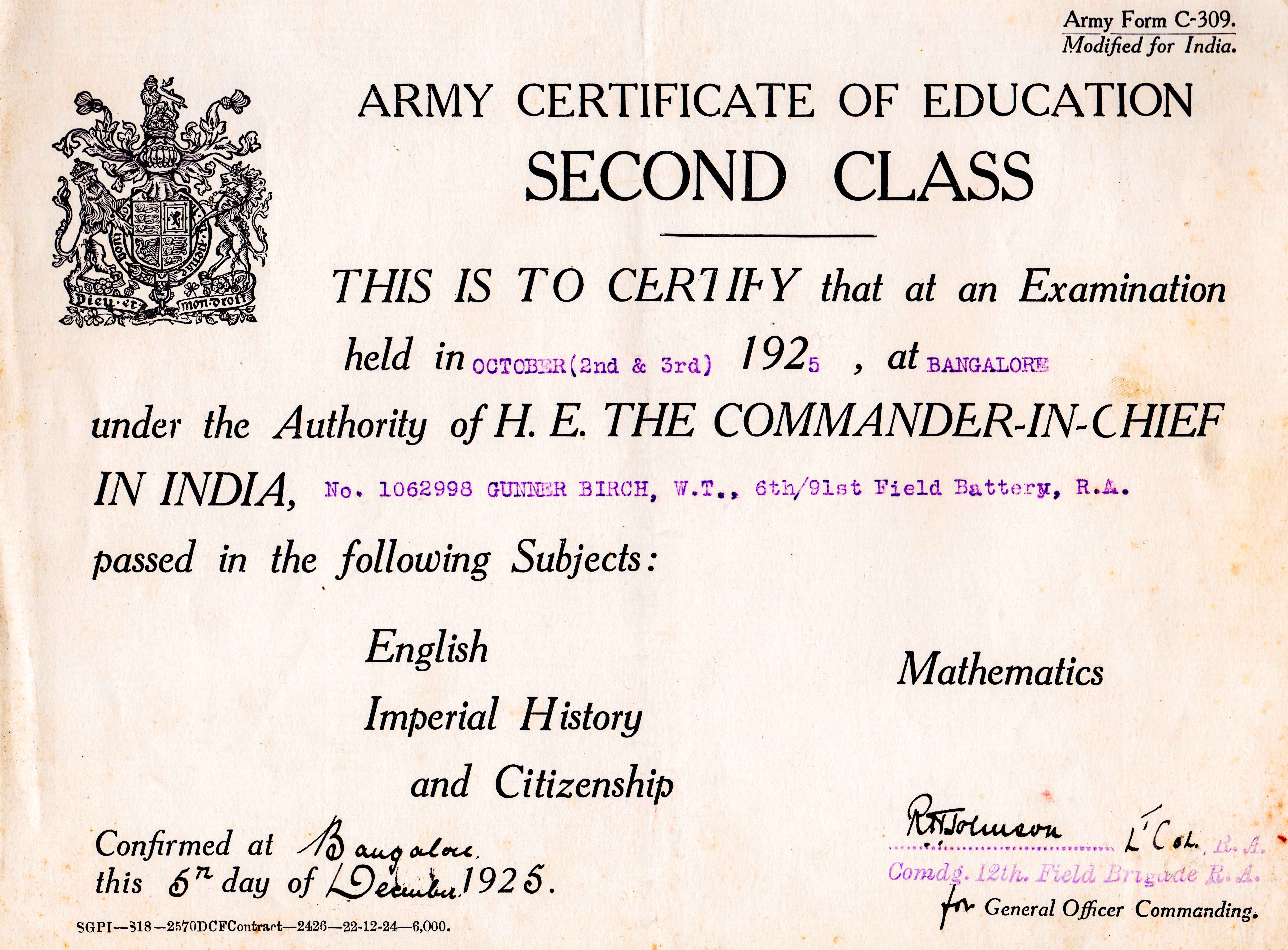 Gunner Birch. Army Certificate of Education Second Class. 5 Dec 1925