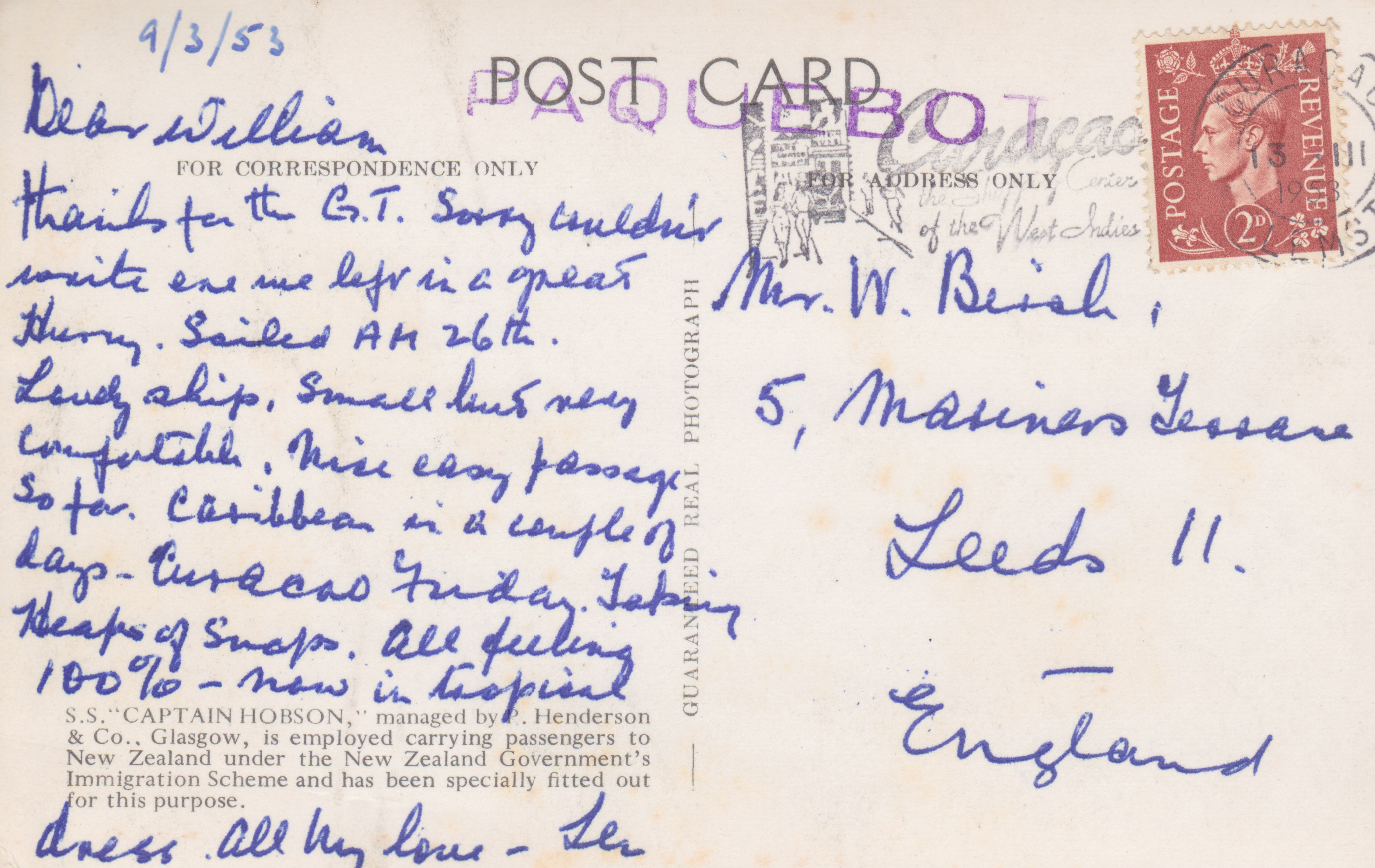 Postcard from Len Birch to William from the SS Captain Hobson. 9 Mar 1953