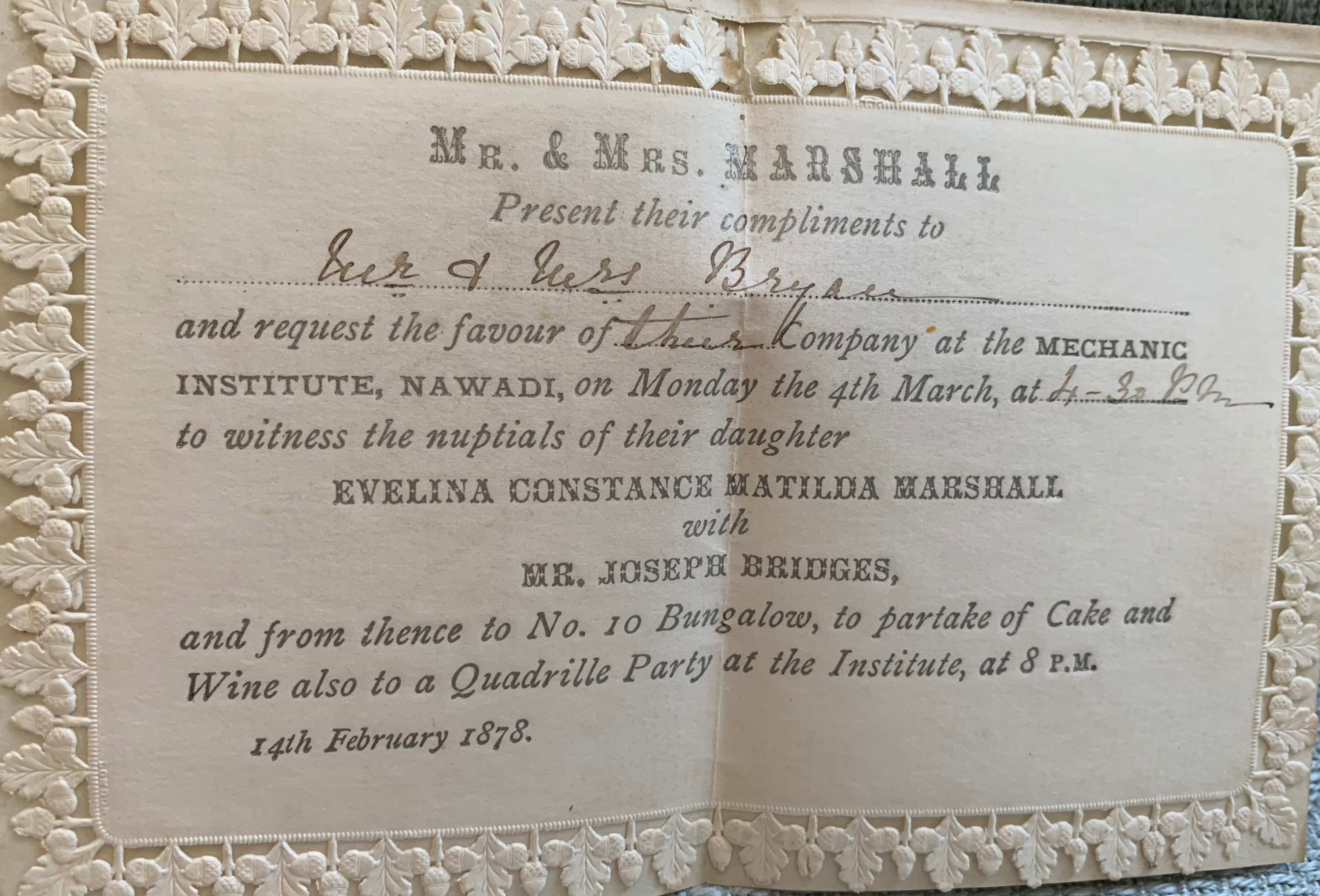 Joseph Bridges and Evelina Marshall, wedding invite, 1878